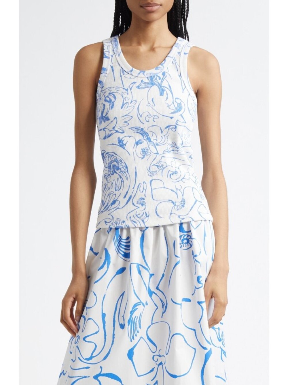Marimekko Women's Piirros Cactis Cotton Rib Tank Jersey Top Blue White Size XS